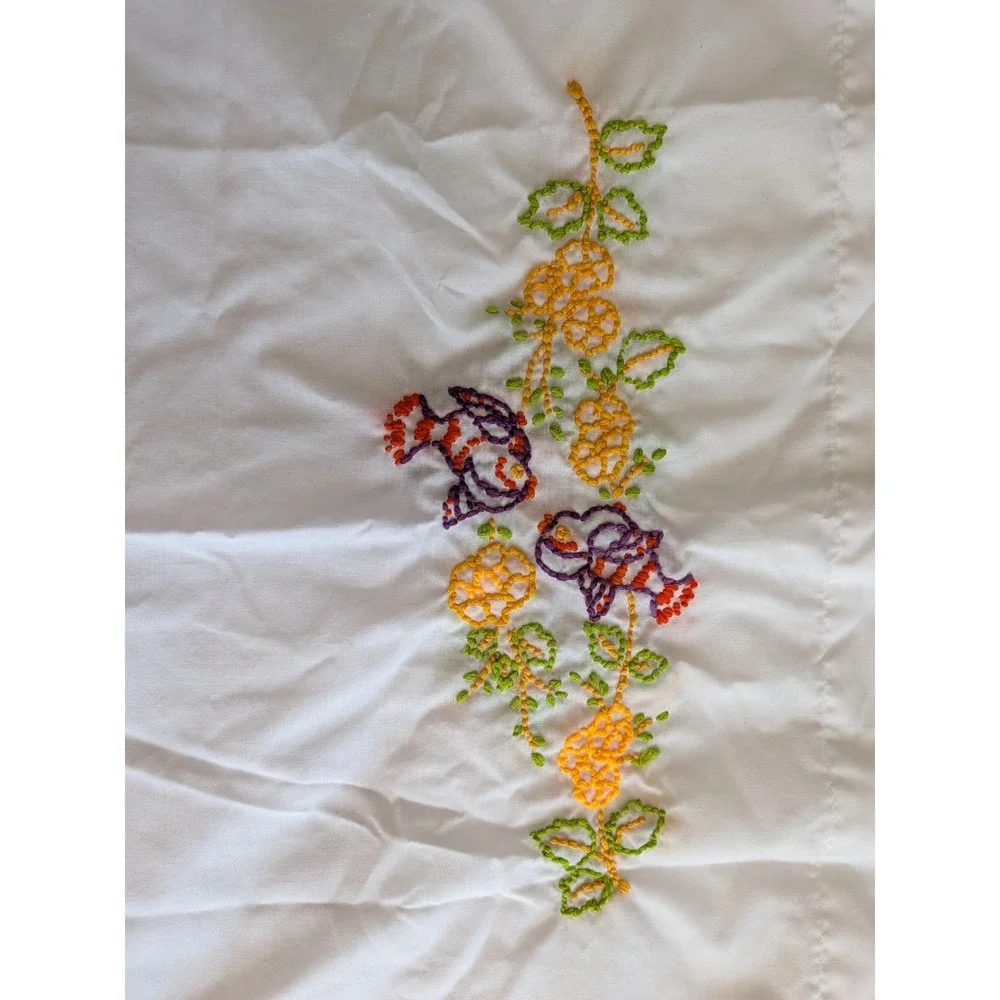 Vintage Hand Embroidered Floral Bird Cotton Pillowcase Set 4 Cottagecore